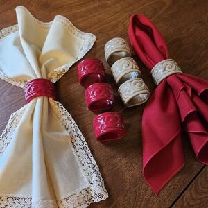 Drake Designs Ceramic Napkin Rings- 4 Red and 4 Beige Like New Condition